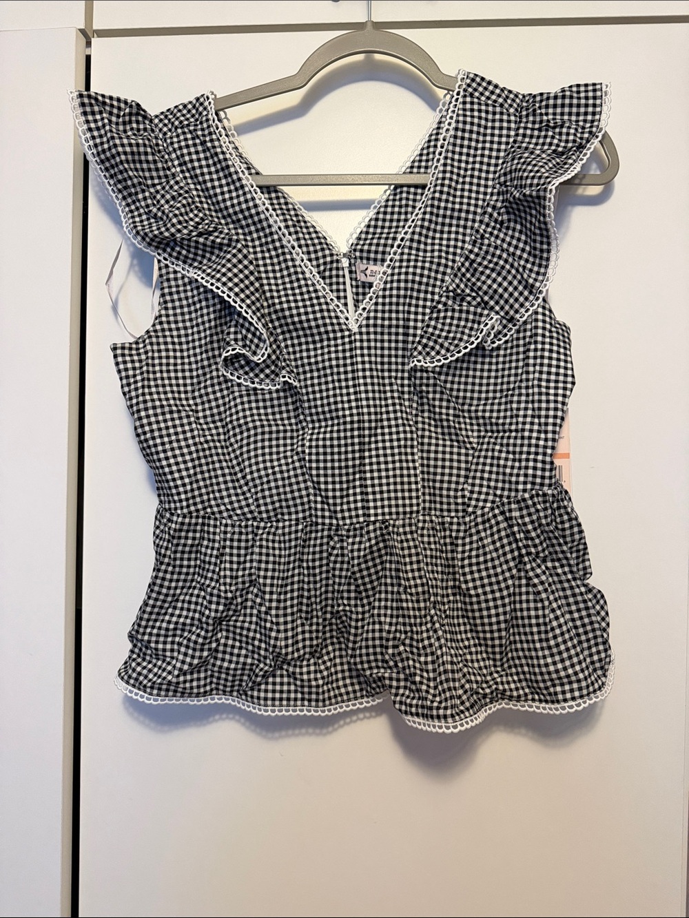 Nanette Lepore Black and White Gingham Ruffle Peplum Top